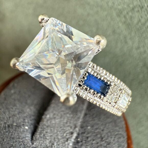 Large Princess Cut CZ Ring with Blue Accent Stones – Size 8 Bold Glam Look - Picture 16 of 17